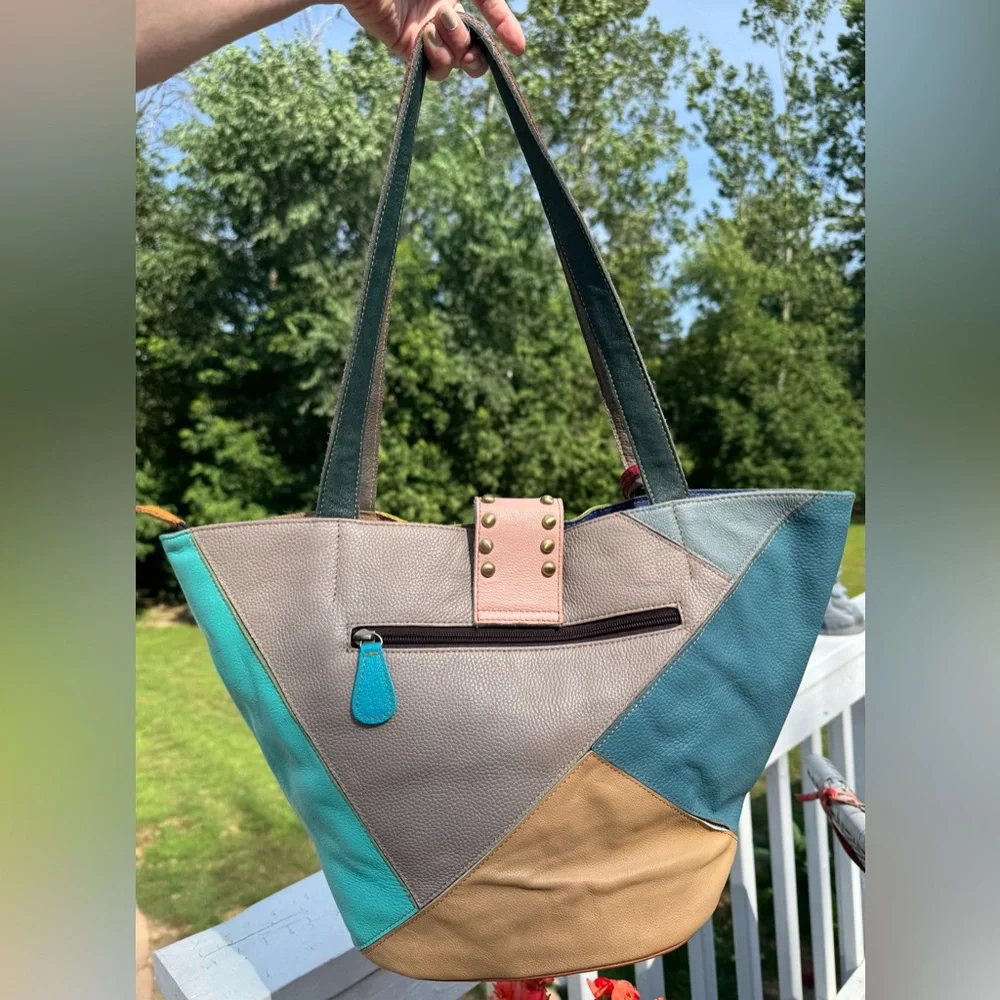 Amerileather Patchwork boho stud hippie leather purse - Picture 2 of 16